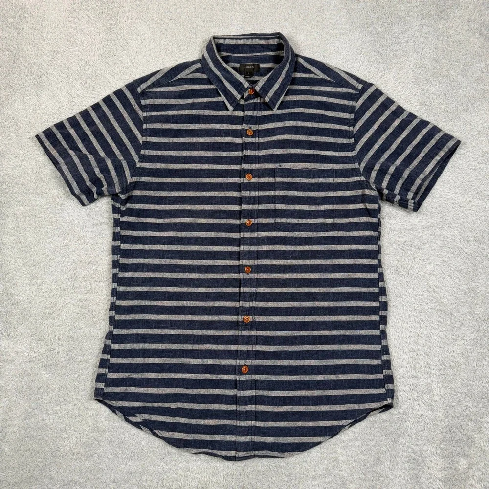 J.‎ Crew Mens Short Sleeve Striped Button Down Shirt Navy Blue Grey Small Summer